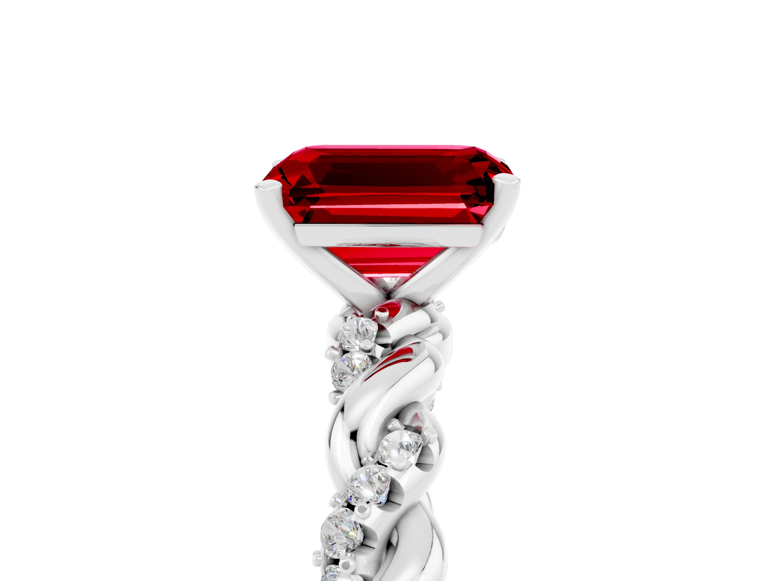 White gold Emerald Cut Ruby Solitaire Ring with Twisted Band and Pavé Accents_5