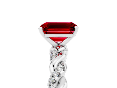 White gold Emerald Cut Ruby Solitaire Ring with Twisted Band and Pavé Accents_5