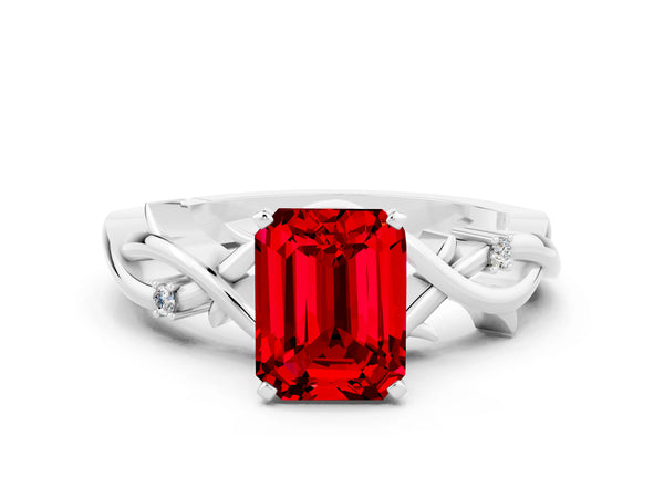 White gold Emerald Cut Ruby Solitaire Ring with Twisted Band and Prong Setting