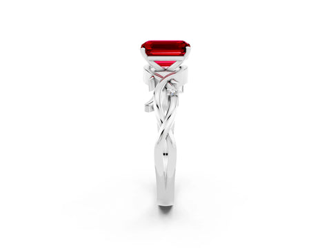 White gold Emerald Cut Ruby Solitaire Ring with Twisted Band and Prong Setting_14