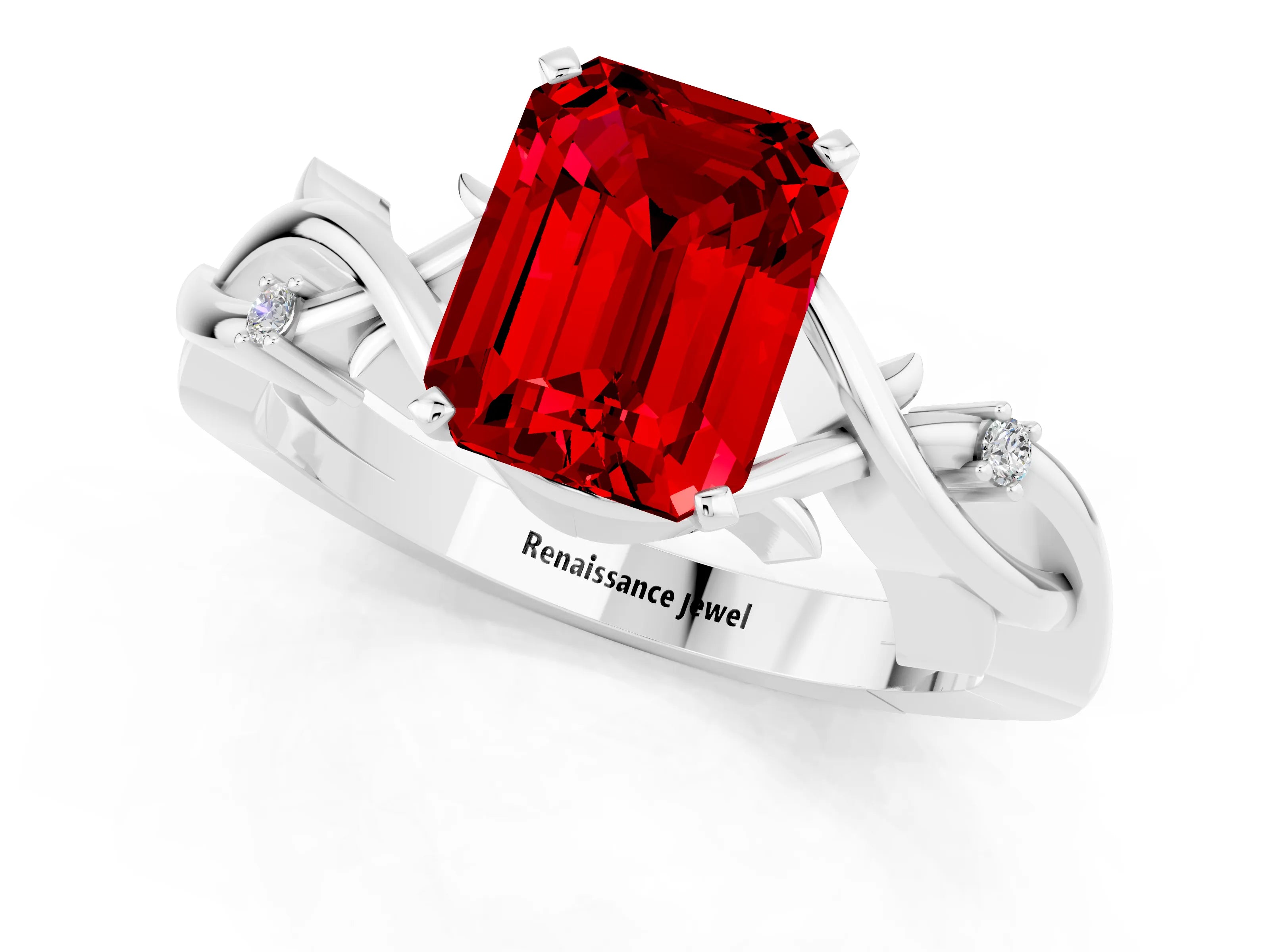 White gold Emerald Cut Ruby Solitaire Ring with Twisted Band and Prong Setting_1