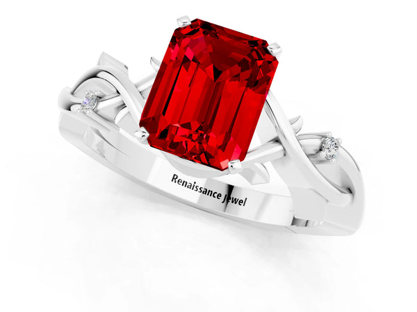 Silver Emerald Cut Ruby Solitaire Ring with Twisted Band and Prong Setting