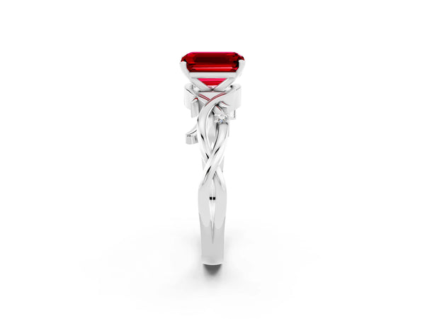 Platinum Emerald Cut Ruby Solitaire Ring with Twisted Band and Prong Setting