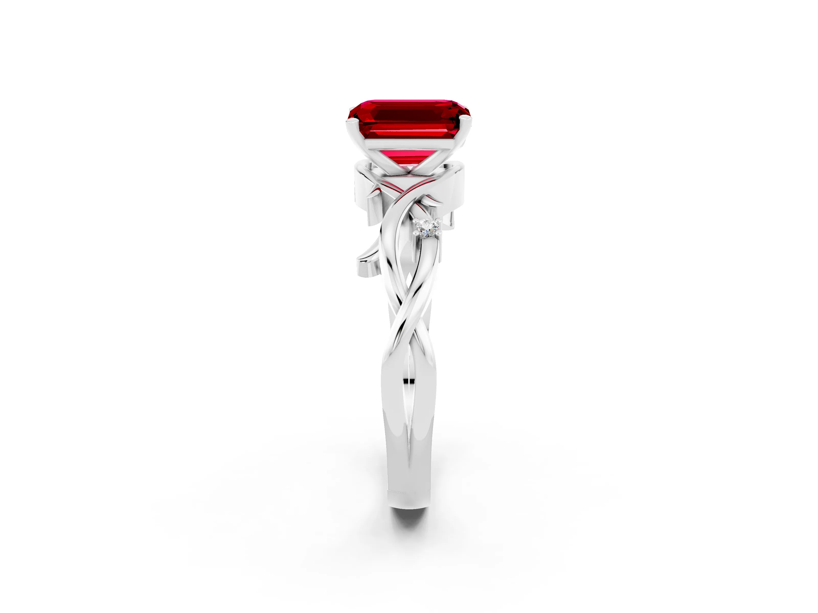 White gold Emerald Cut Ruby Solitaire Ring with Twisted Band and Prong Setting_2