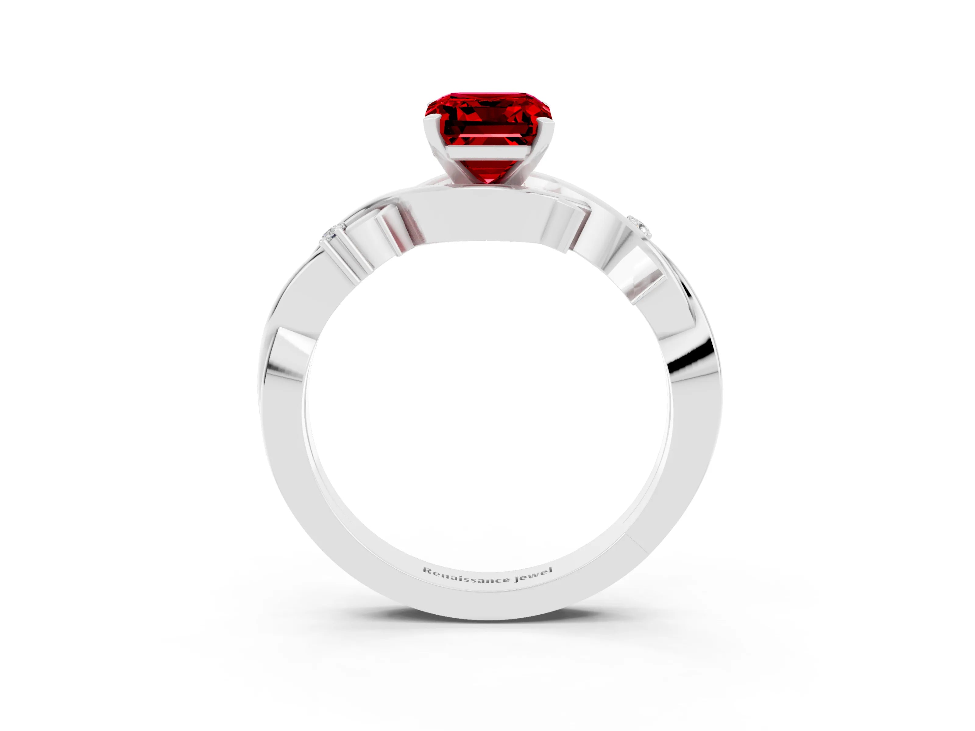 White gold Emerald Cut Ruby Solitaire Ring with Twisted Band and Prong Setting_3