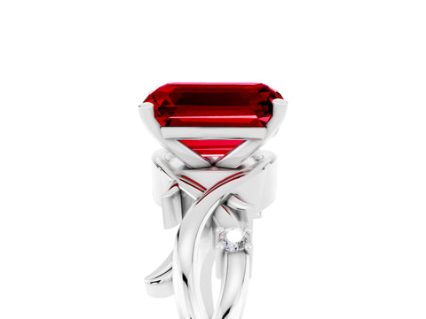 White gold Emerald Cut Ruby Solitaire Ring with Twisted Band and Prong Setting_5