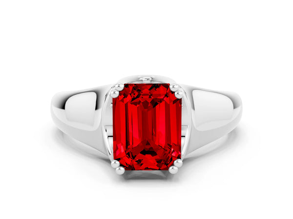 Platinum Emerald Cut Ruby Solitaire Ring with Wide Band and Prong Setting