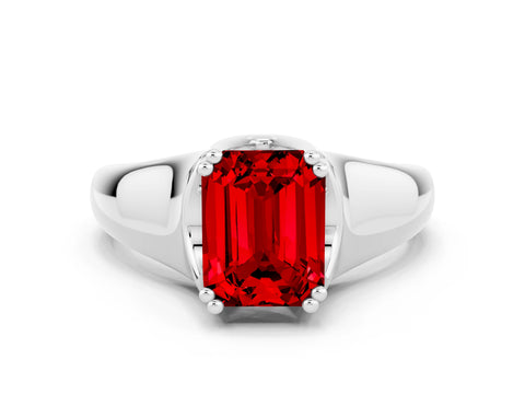 White gold Emerald Cut Ruby Solitaire Ring with Wide Band and Prong Setting