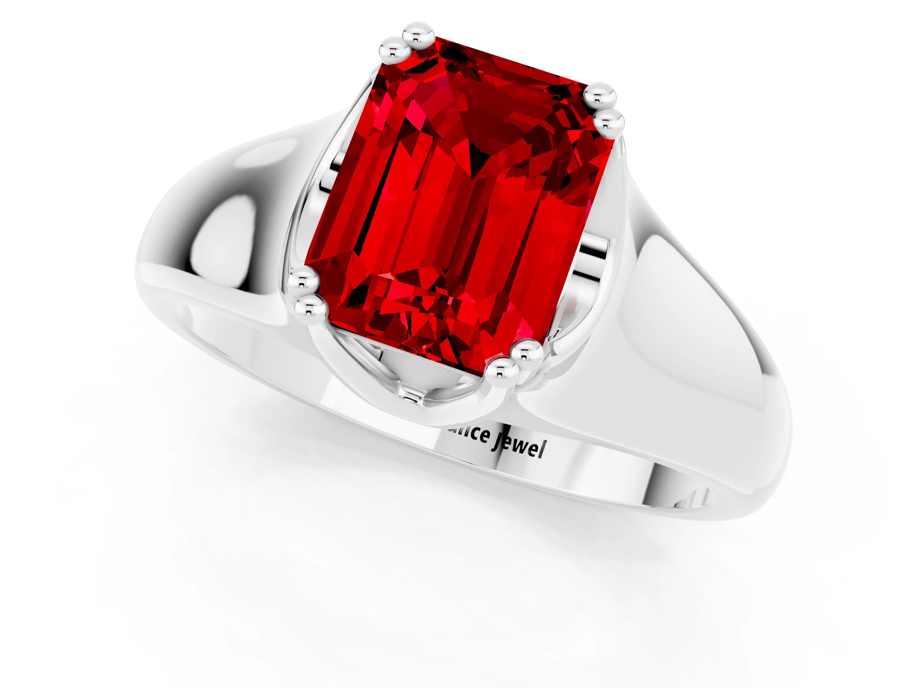 White gold Emerald Cut Ruby Solitaire Ring with Wide Band and Prong Setting_1