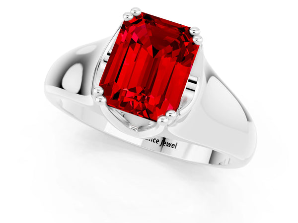 White gold Emerald Cut Ruby Solitaire Ring with Wide Band and Prong Setting