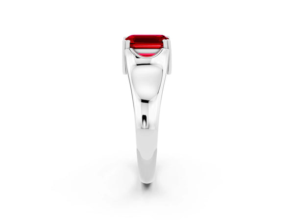 Platinum Emerald Cut Ruby Solitaire Ring with Wide Band and Prong Setting