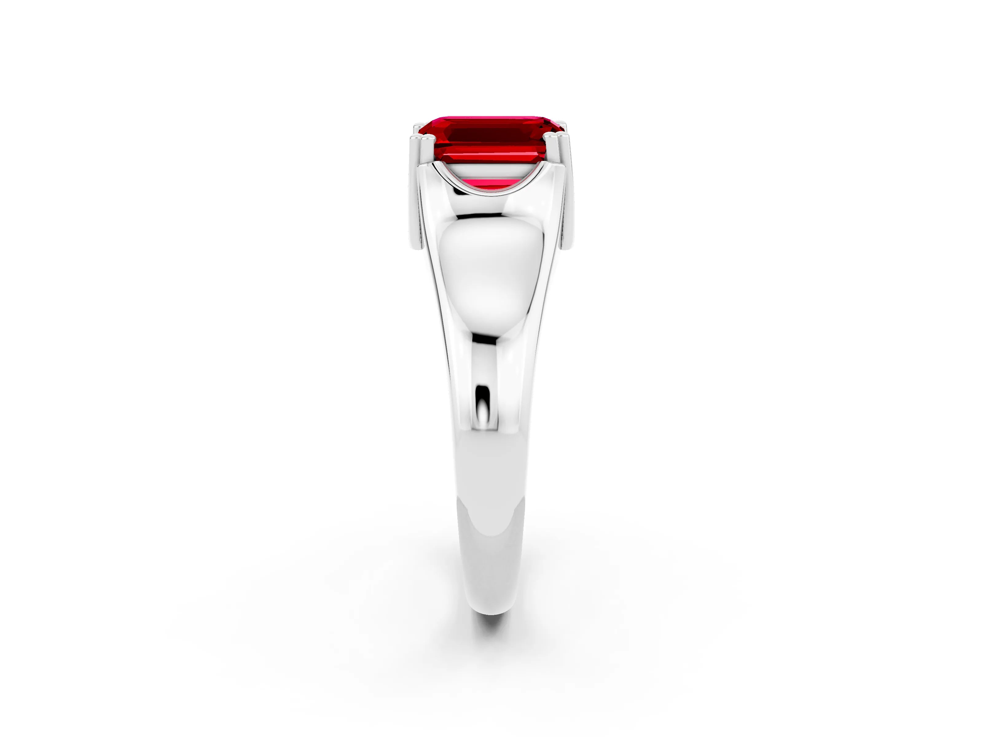 White gold Emerald Cut Ruby Solitaire Ring with Wide Band and Prong Setting_2