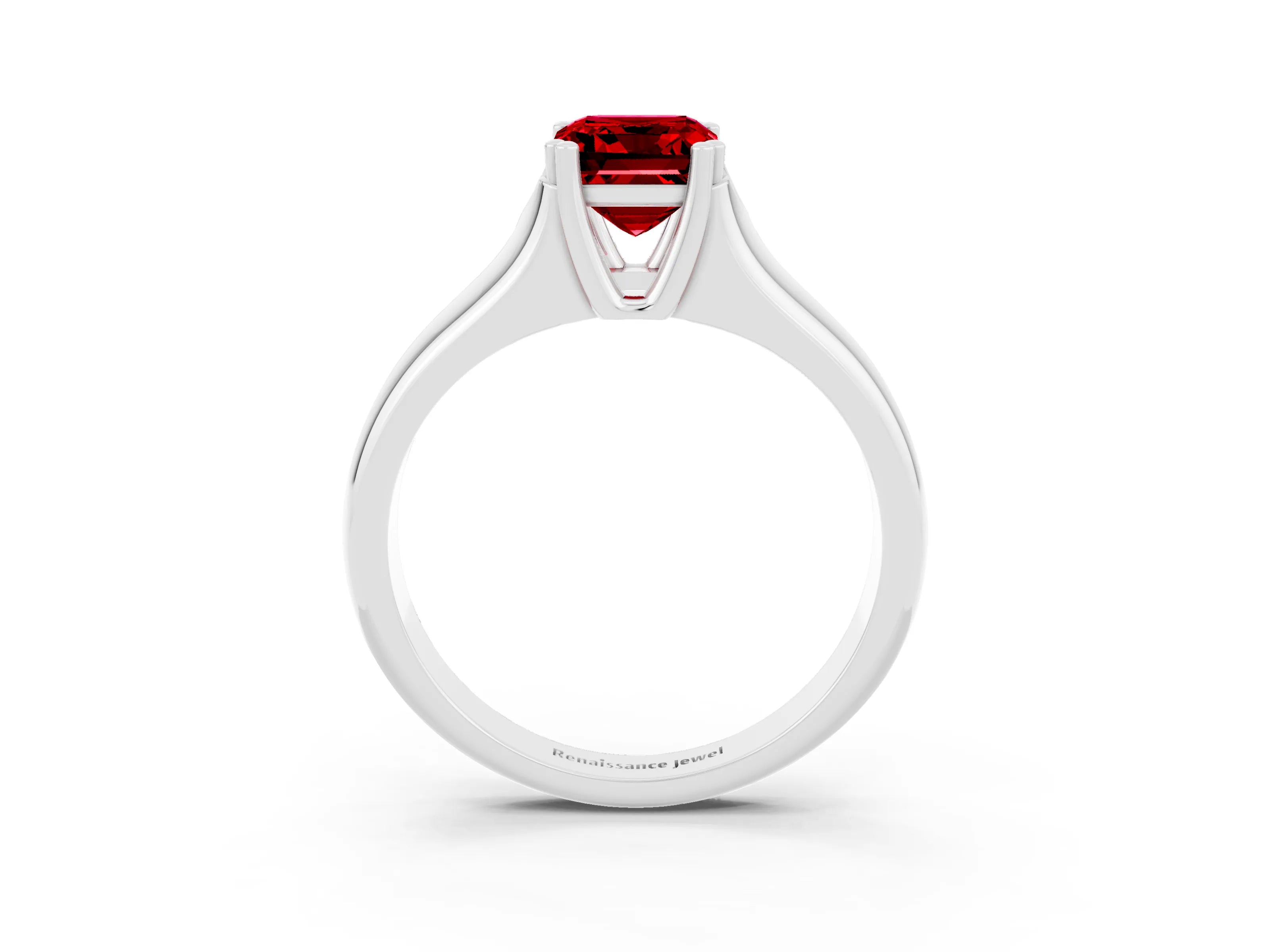 White gold Emerald Cut Ruby Solitaire Ring with Wide Band and Prong Setting_3