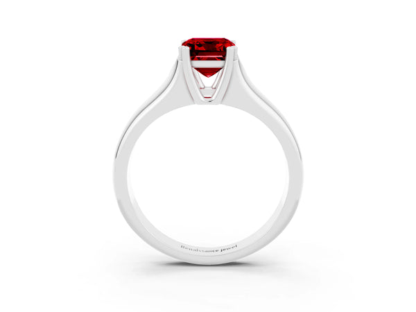 Platinum Emerald Cut Ruby Solitaire Ring with Wide Band and Prong Setting