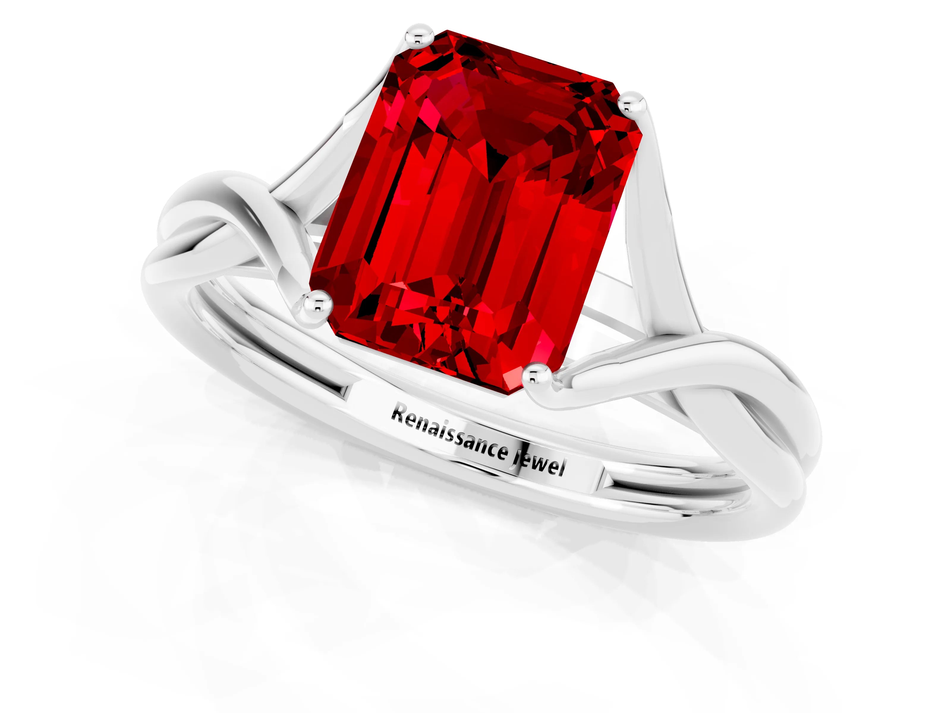 White gold Emerald Cut Ruby Solitaire Twist Band Prong Setting Ring_37