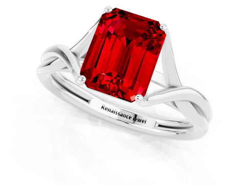 White gold Emerald Cut Ruby Solitaire Twist Band Prong Setting Ring_37