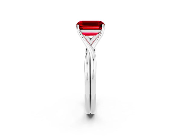 White gold Emerald Cut Ruby Solitaire Twist Band Prong Setting Ring