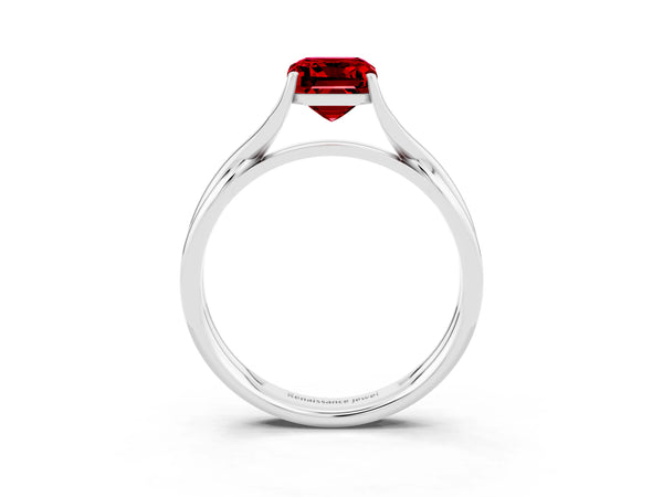 Silver Emerald Cut Ruby Solitaire Twist Band Prong Setting Ring