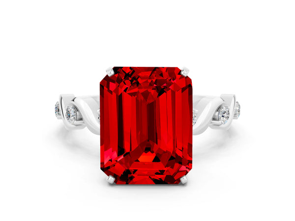Platinum Emerald Cut Ruby Solitaire Twisted Band with Round  Accents and Prong Setting