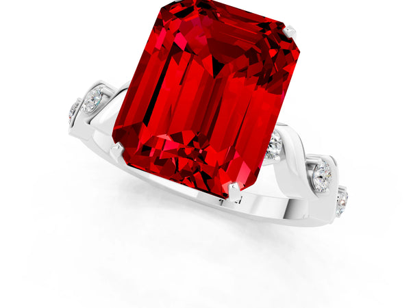 Platinum Emerald Cut Ruby Solitaire Twisted Band with Round  Accents and Prong Setting