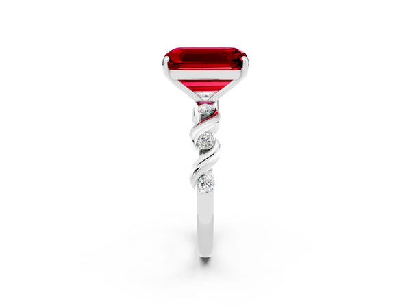 Platinum Emerald Cut Ruby Solitaire Twisted Band with Round  Accents and Prong Setting
