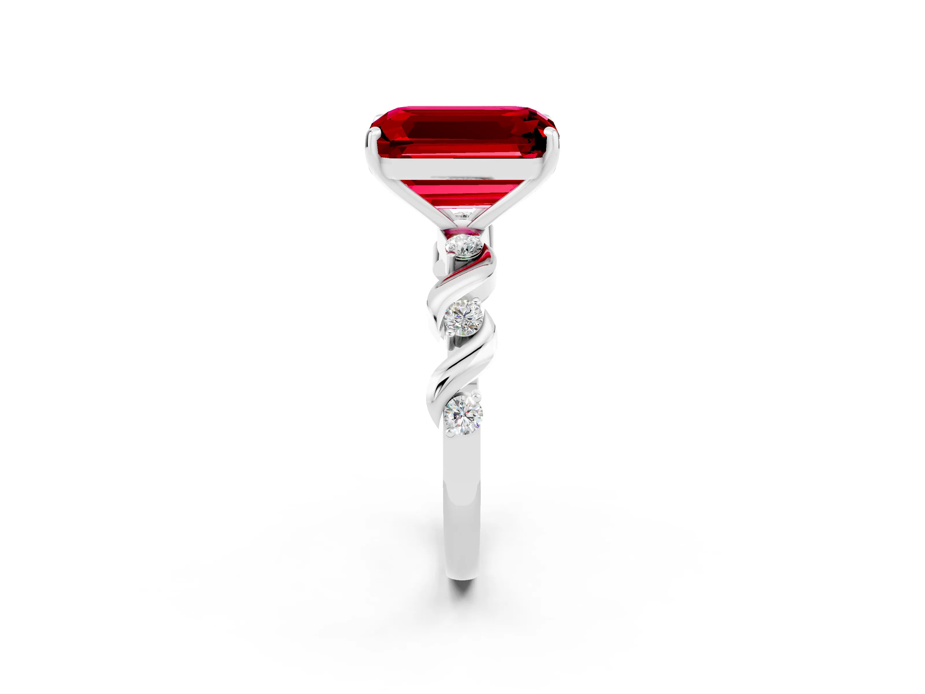 White gold Emerald Cut Ruby Solitaire Twisted Band with Round  Accents and Prong Setting_14