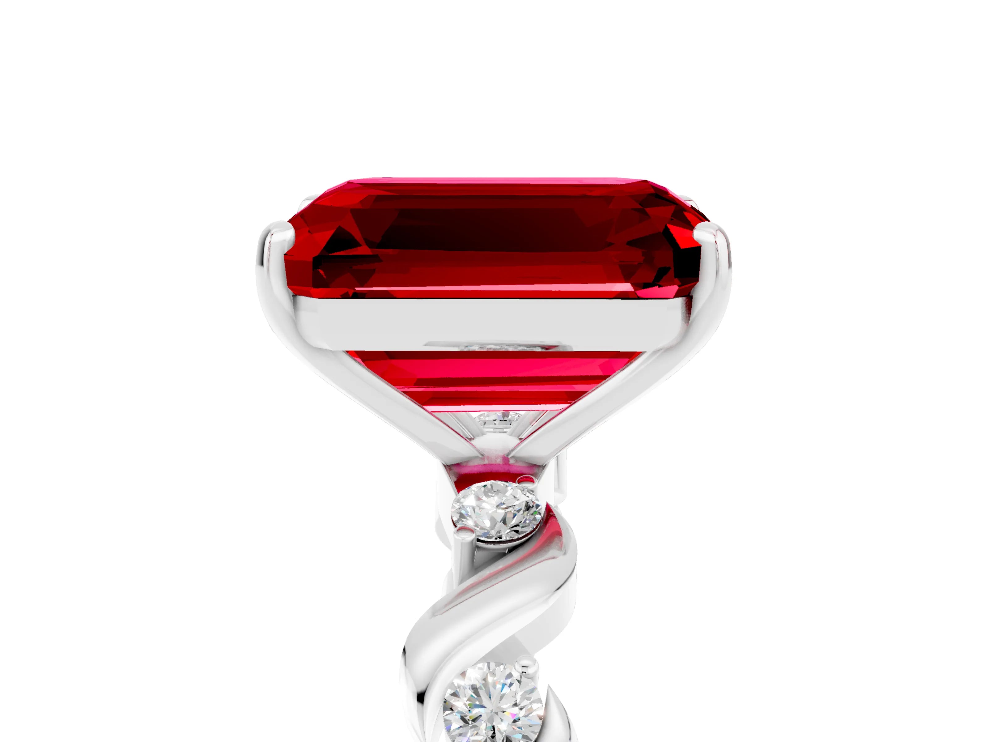 White gold Emerald Cut Ruby Solitaire Twisted Band with Round  Accents and Prong Setting_17