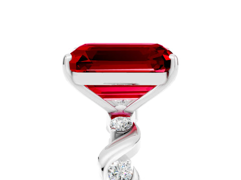 White gold Emerald Cut Ruby Solitaire Twisted Band with Round  Accents and Prong Setting_17