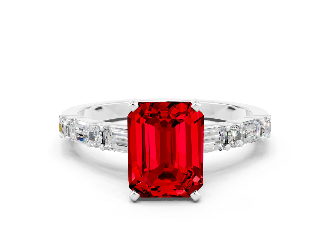 White gold Emerald Cut Ruby Solitaire with Side Baguettes and Channel Set Band
