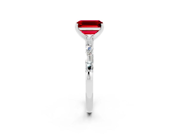 Silver Emerald Cut Ruby Solitaire with Side Baguettes and Channel Set Band