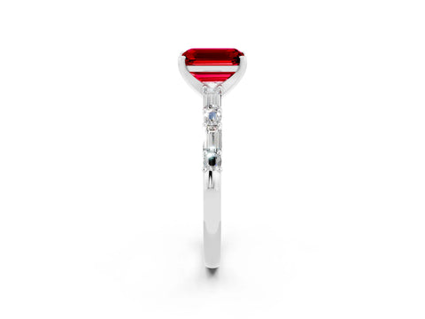 White gold Emerald Cut Ruby Solitaire with Side Baguettes and Channel Set Band_2