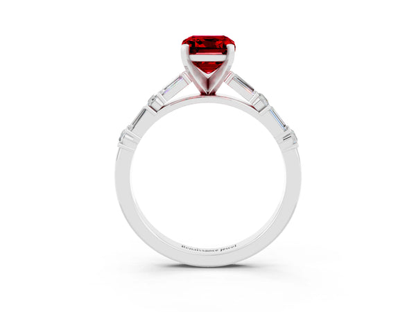Platinum Emerald Cut Ruby Solitaire with Side Baguettes and Channel Set Band