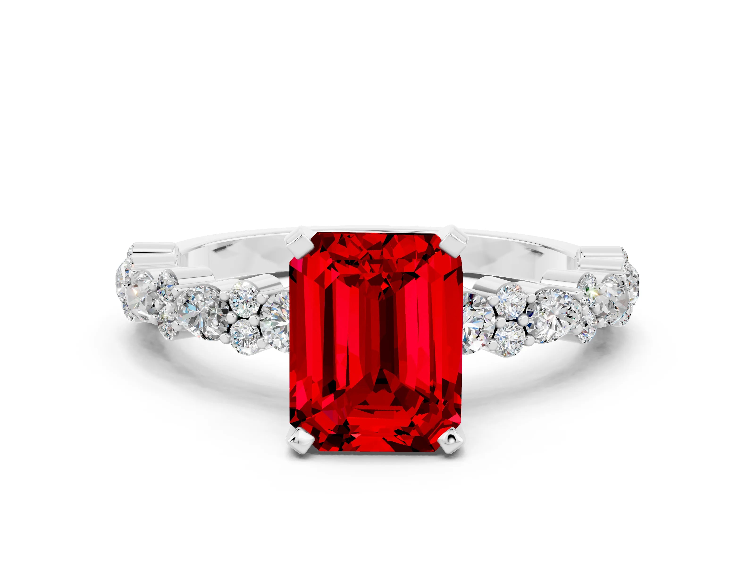 White gold Emerald Cut Ruby Solitaire with Side Stones, Pave Band, Four-Prong Setting_48