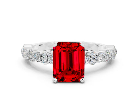 White gold Emerald Cut Ruby Solitaire with Side Stones, Pave Band, Four-Prong Setting_48