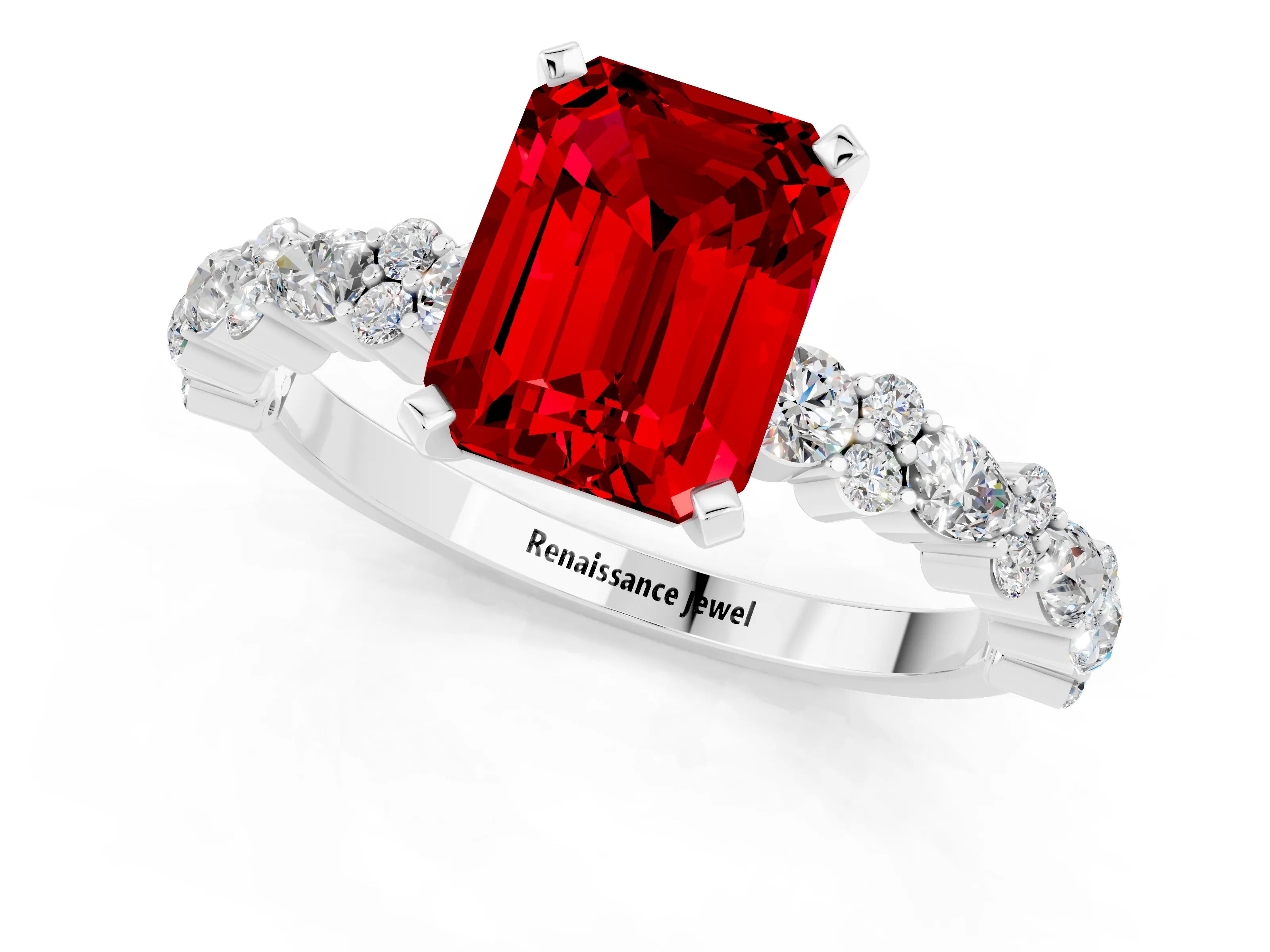 White gold Emerald Cut Ruby Solitaire with Side Stones, Pave Band, Four-Prong Setting_49