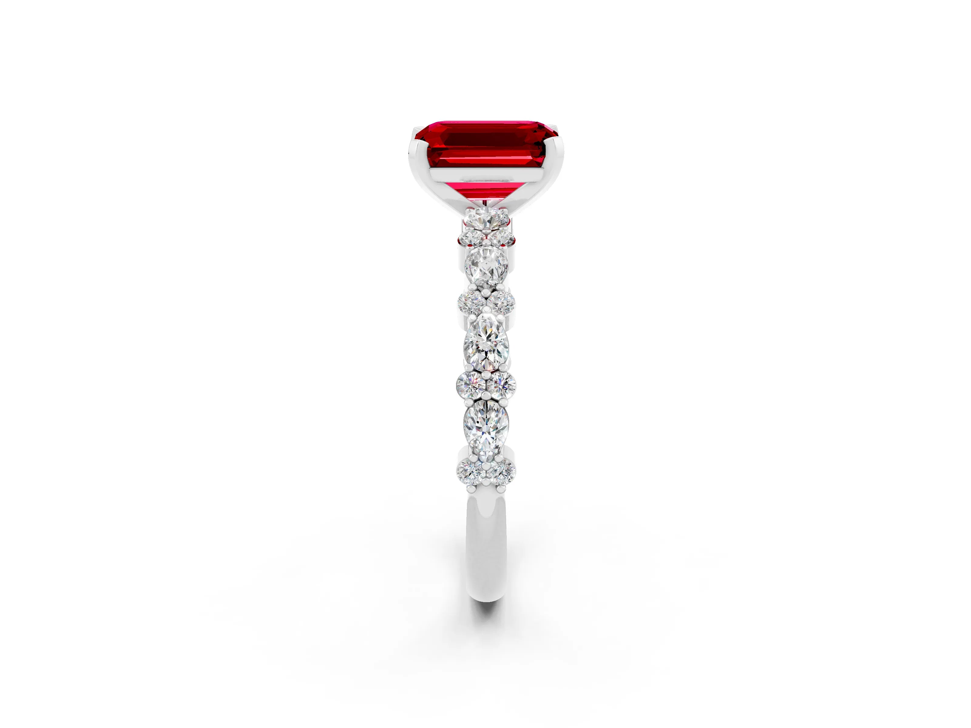 White gold Emerald Cut Ruby Solitaire with Side Stones, Pave Band, Four-Prong Setting_50