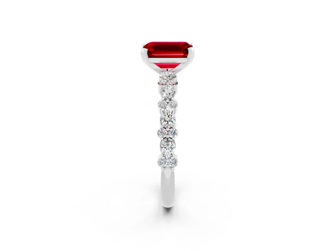 White gold Emerald Cut Ruby Solitaire with Side Stones, Pave Band, Four-Prong Setting_50