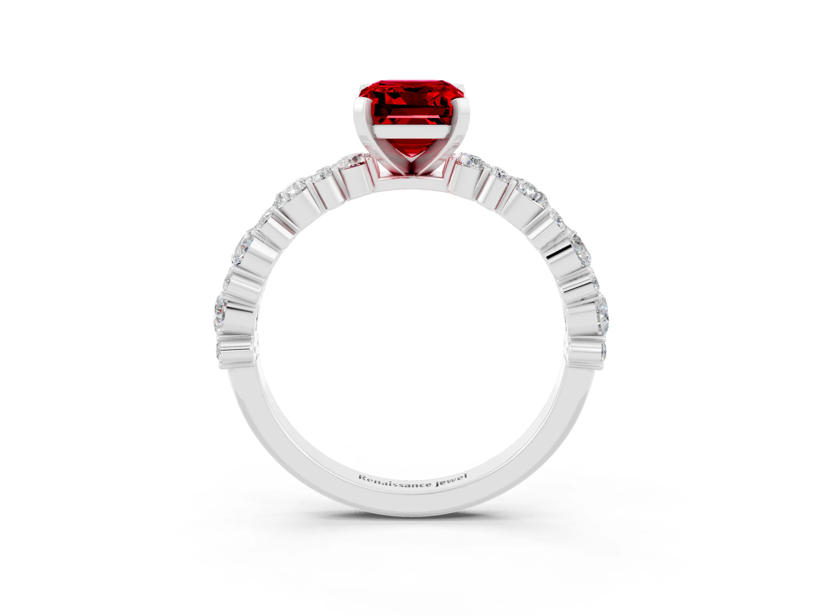 White gold Emerald Cut Ruby Solitaire with Side Stones, Pave Band, Four-Prong Setting_51