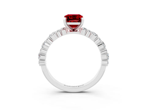 White gold Emerald Cut Ruby Solitaire with Side Stones, Pave Band, Four-Prong Setting_51