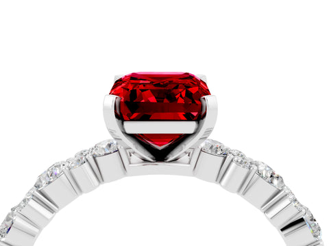 White gold Emerald Cut Ruby Solitaire with Side Stones, Pave Band, Four-Prong Setting_52