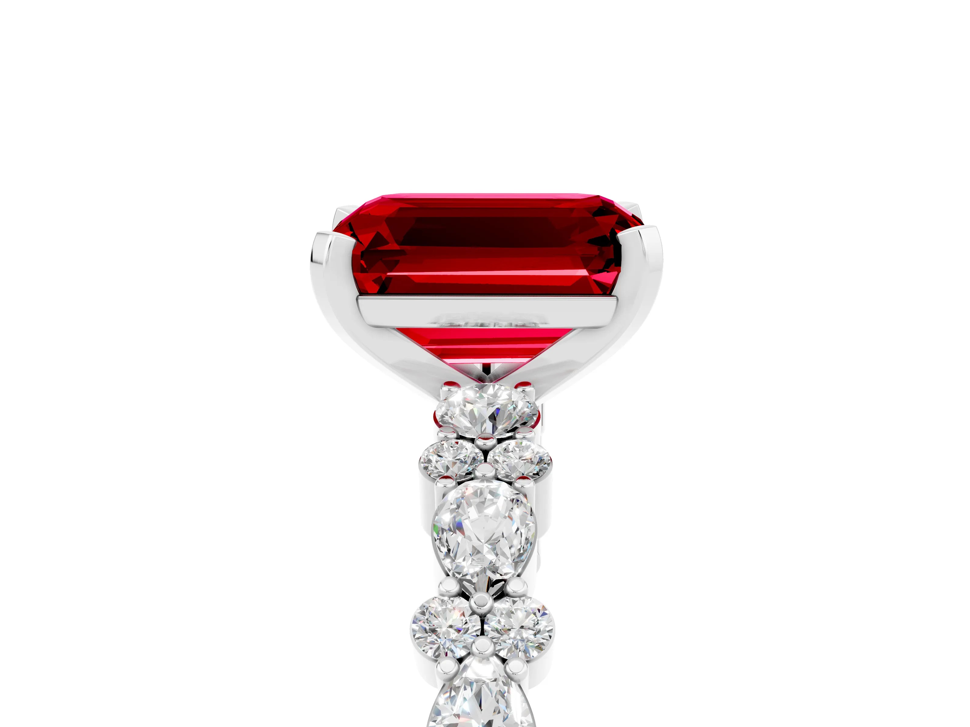 White gold Emerald Cut Ruby Solitaire with Side Stones, Pave Band, Four-Prong Setting_53