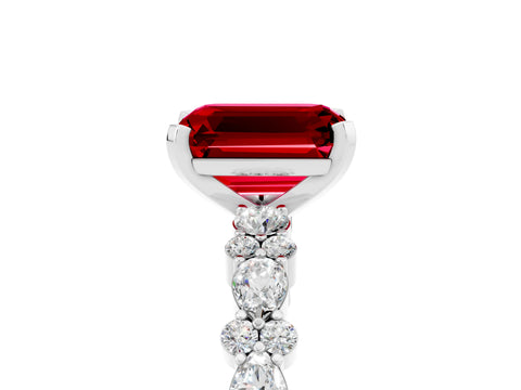 White gold Emerald Cut Ruby Solitaire with Side Stones, Pave Band, Four-Prong Setting_53