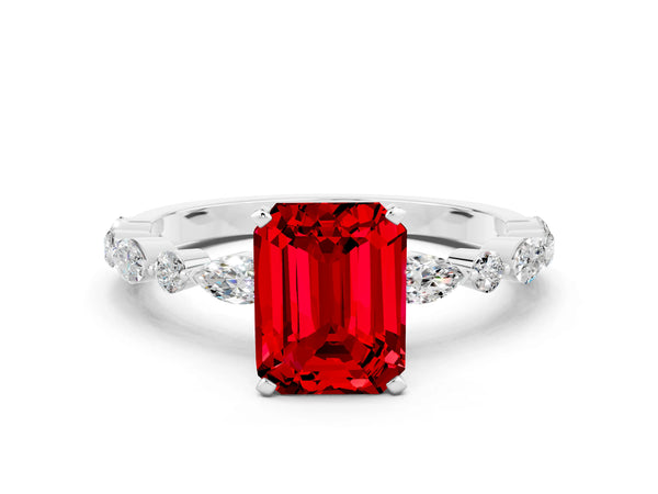 Platinum Emerald Cut Ruby Ring with Marquise and Round  Side Stones and Four-Prong Setting