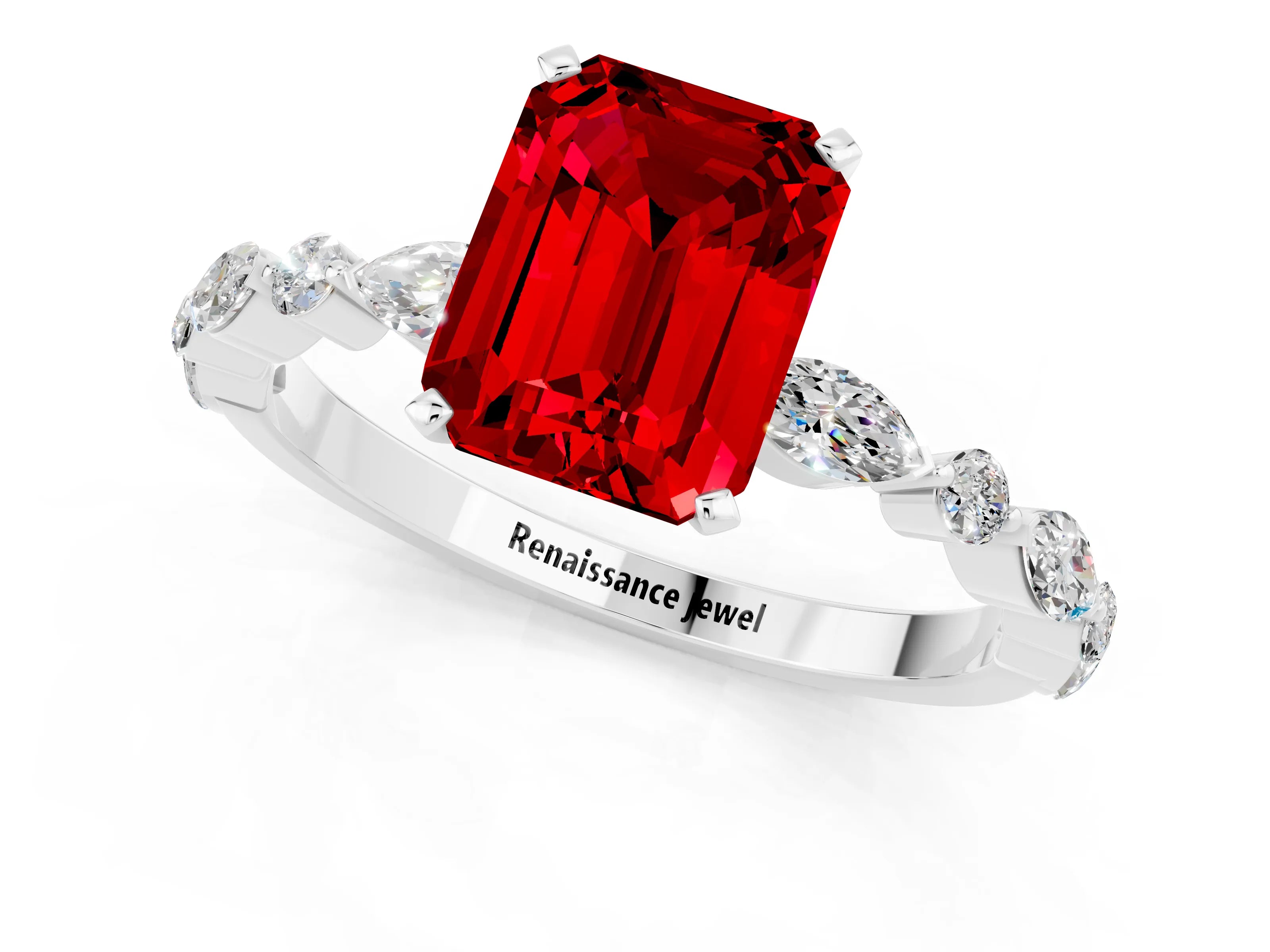 White gold Emerald Cut Ruby Solitaire with Side Stones on a Pavé Band and Four-Prong Setting_1