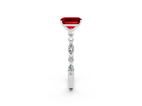 White gold Emerald Cut Ruby Solitaire with Side Stones on a Pavé Band and Four-Prong Setting_2