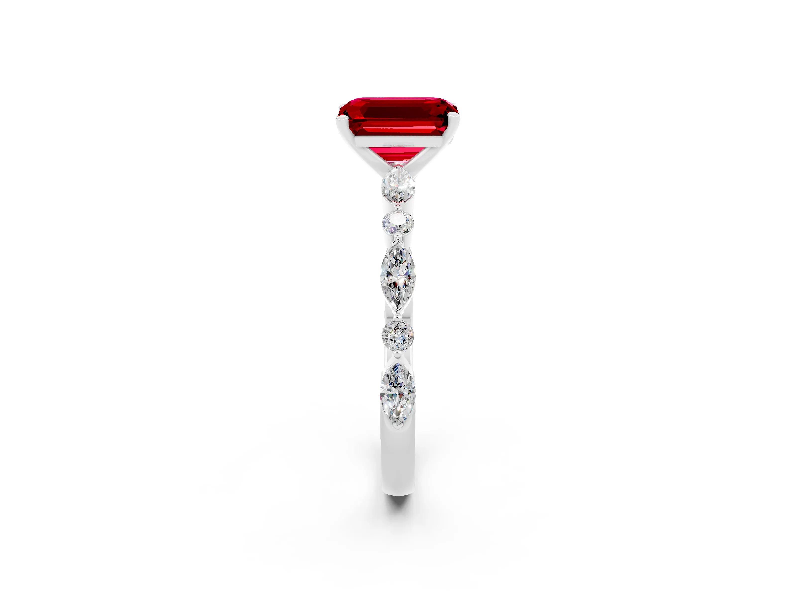 White gold Emerald Cut Ruby Solitaire with Side Stones on a Pavé Band and Four-Prong Setting_2
