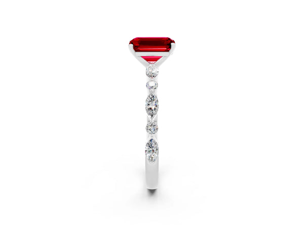 Silver Emerald Cut Ruby Ring with Marquise and Round  Side Stones and Four-Prong Setting
