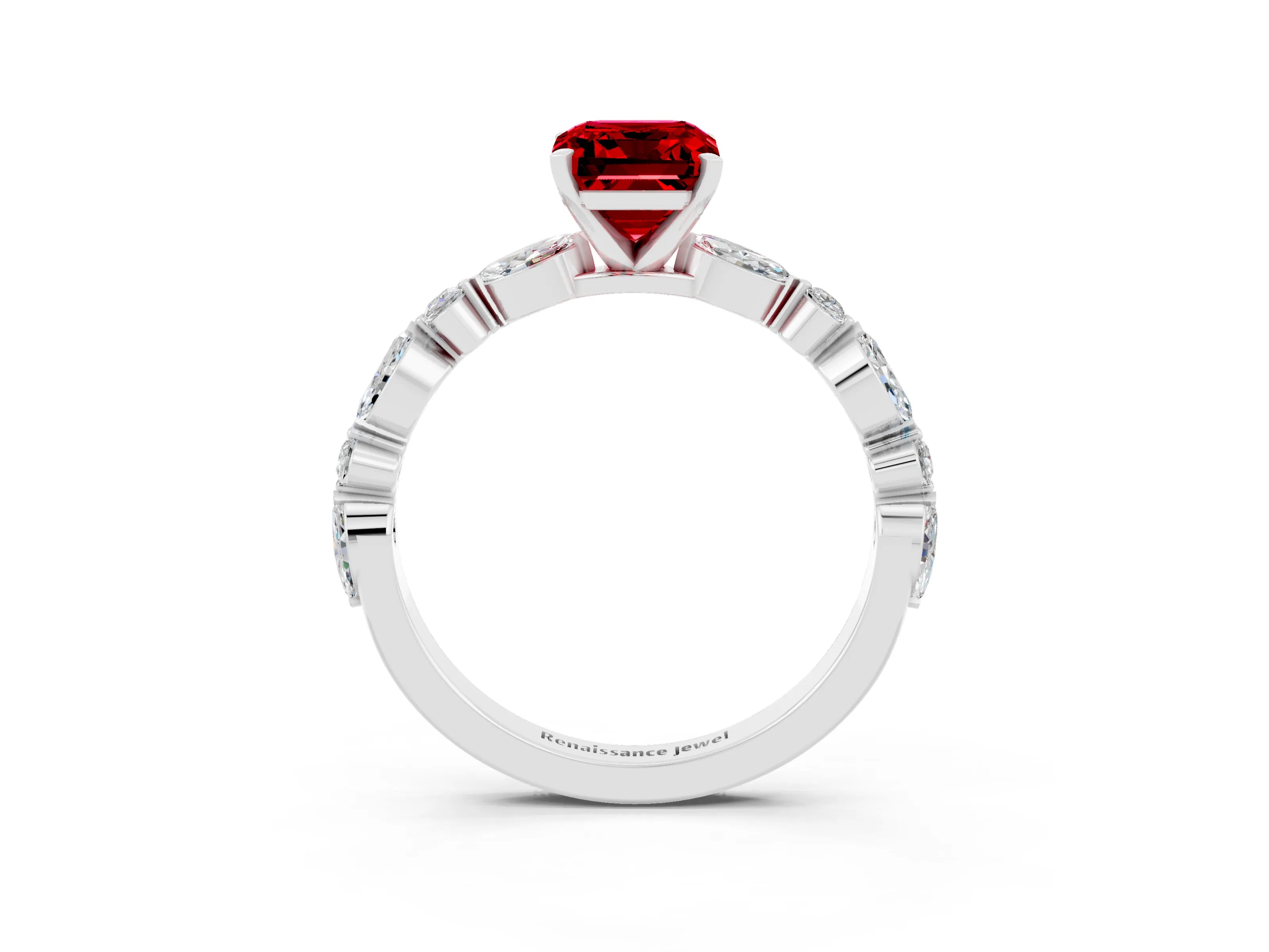 White gold Emerald Cut Ruby Solitaire with Side Stones on a Pavé Band and Four-Prong Setting_3