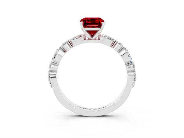 Platinum Emerald Cut Ruby Ring with Marquise and Round  Side Stones and Four-Prong Setting