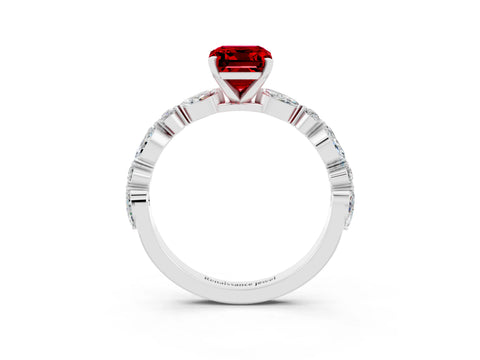 White gold Emerald Cut Ruby Solitaire with Side Stones on a Pavé Band and Four-Prong Setting_3